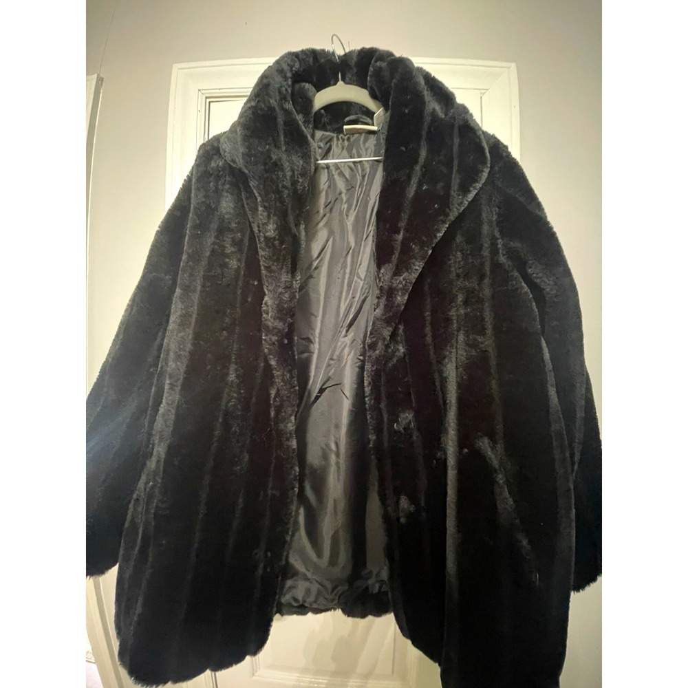 Vintage Collections Women Black Faux Fur Jacket Lined Hook & Loop Long Sleeve L